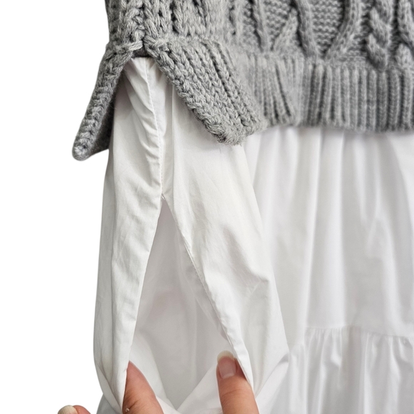 Anthropologie English Factory Wht/Gray Cable Knit Puff Sleeve Tier Ruffle Dress - Picture 12 of 17